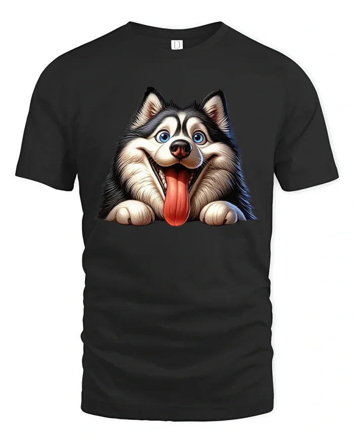 Happy Husky Face Graphic T-Shirt - black t-shirt on white background