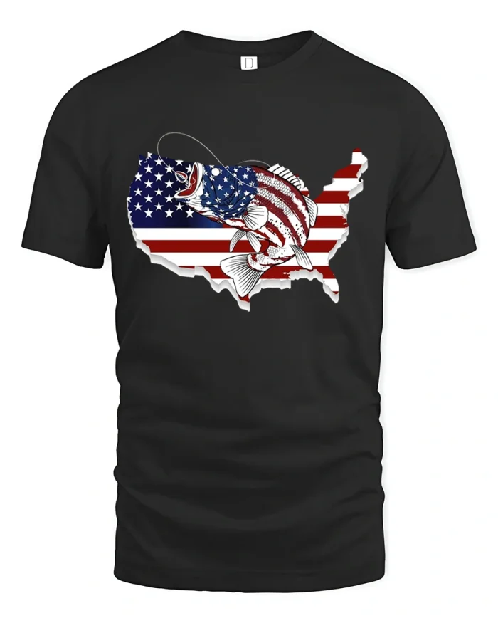 Patriotic Fishing USA Flag Tee - black t-shirt on white background