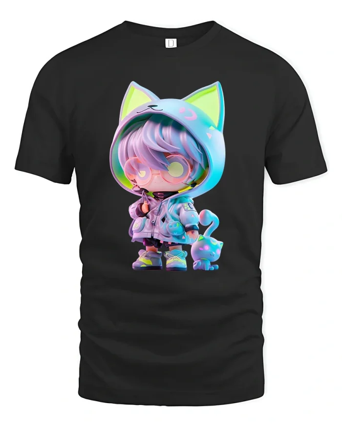 Kawaii Anime Cat Hoodie Character Tee - black t-shirt on white background