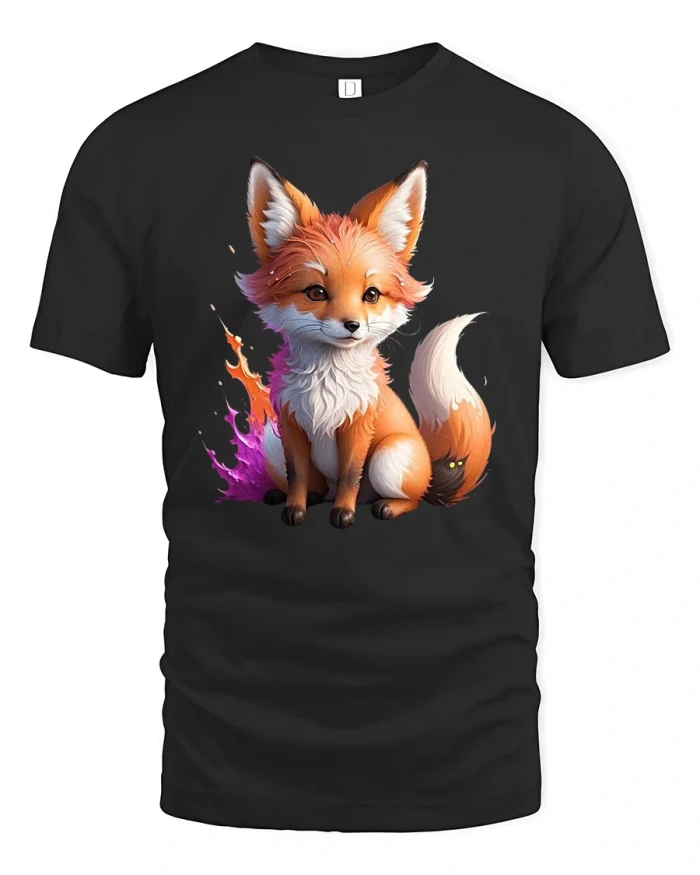 Magical Cute Fox Flame Tee - black t-shirt on white background