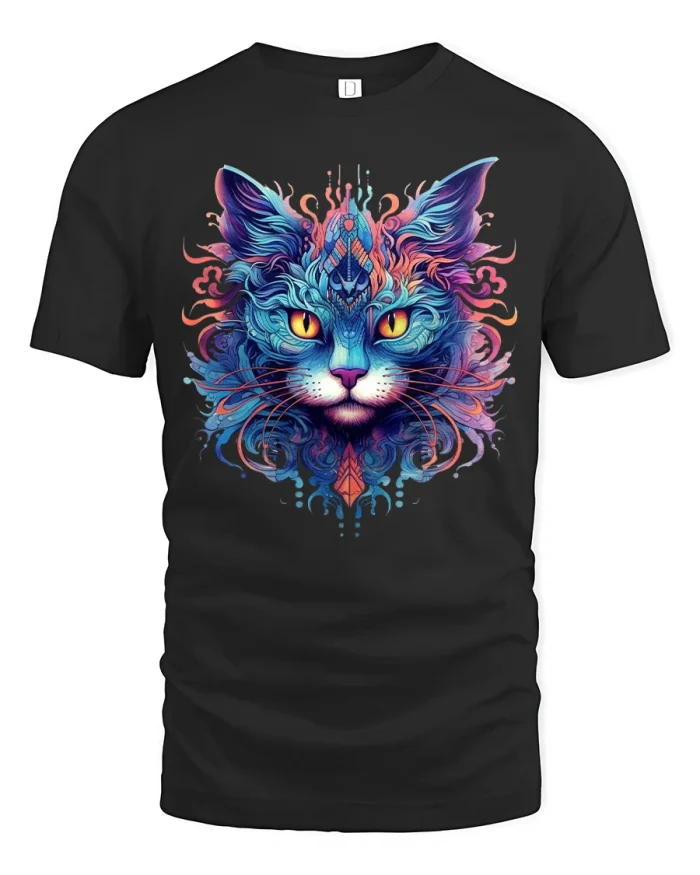 Mystical Cat Spirit Art Tee - black t-shirt on white background