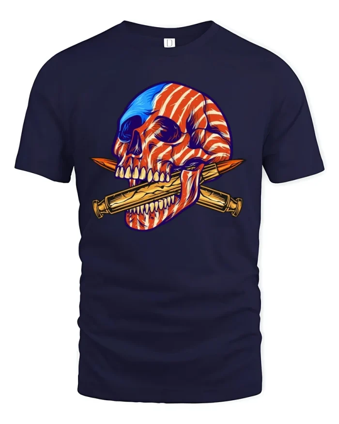 Patriotic Skull Bullet Bite T-Shirt - navy t-shirt on white background