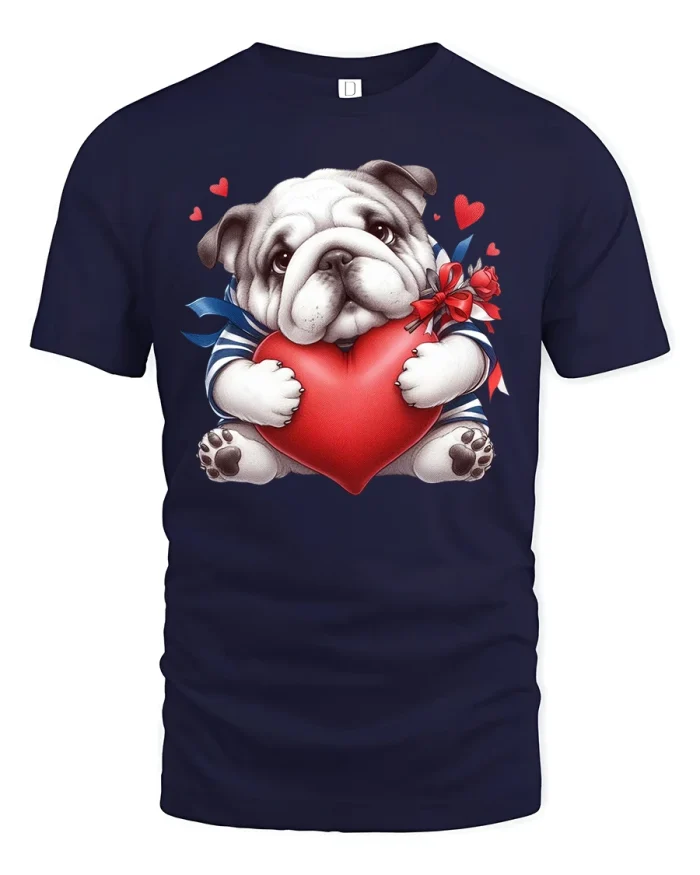 Bulldog Holding Heart Cute Valentine T-Shirt - navy t-shirt on white background