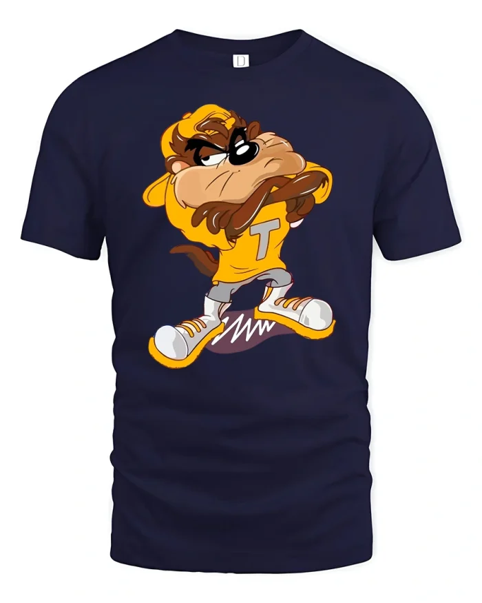 Cartoon Tough Guy Attitude T-Shirt - navy t-shirt on white background