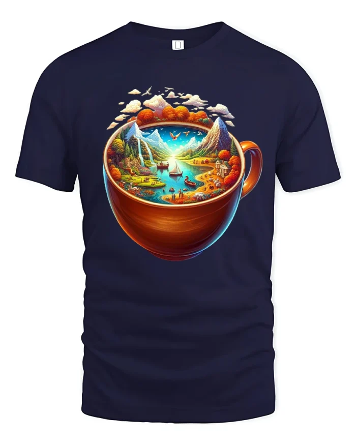 Coffee Cup World Landscape T-Shirt - navy t-shirt on white background