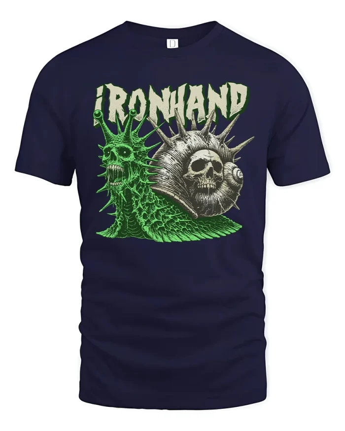 Ironhand Skull Snail Metal Rock T-Shirt - navy t-shirt on white background
