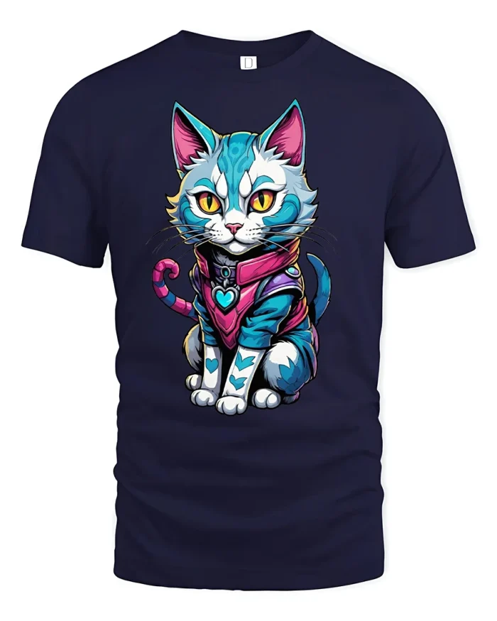 Neon Cat Heart Armor Cool Style T-Shirt - navy t-shirt on white background