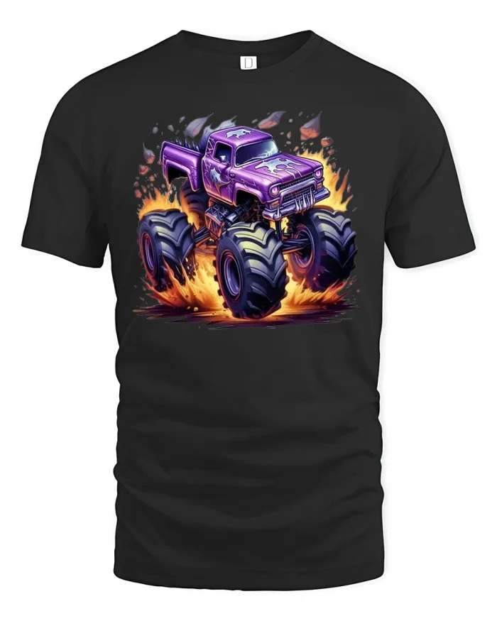 Purple Monster Truck Fire Ride T-Shirt - black t-shirt on white background