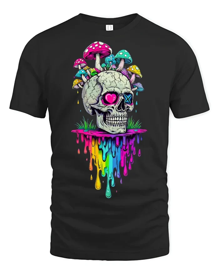 Psychedelic Skull Mushroom Rainbow T-Shirt - black t-shirt on white background