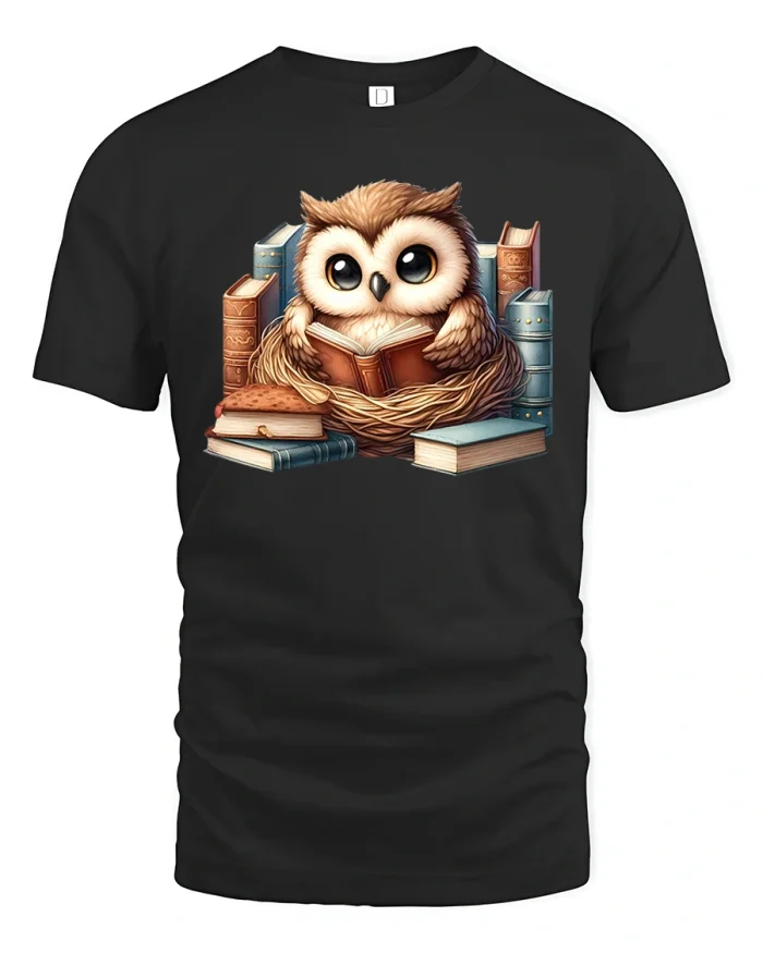 Cute Owl Reading Books T-Shirt - black t-shirt on white background