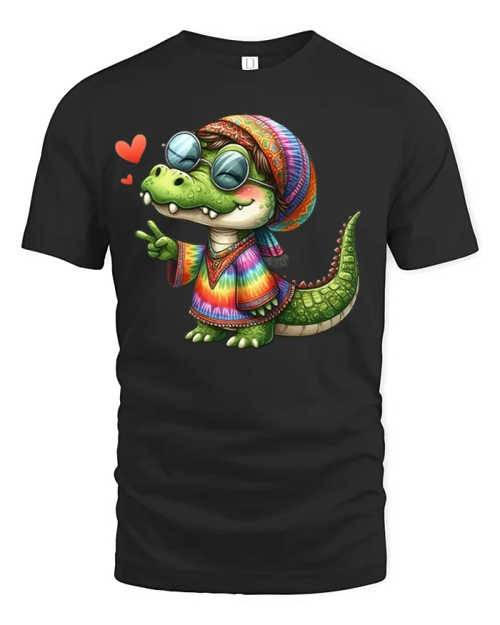 Hippie Alligator Peace Sign Graphic T-Shirt - black t-shirt on white background