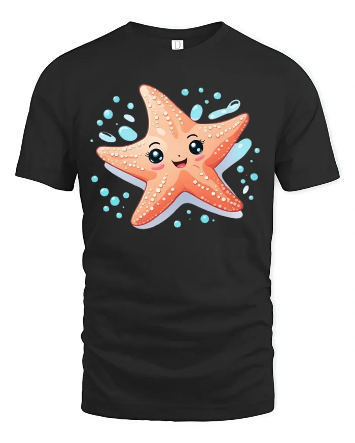 Cute Starfish Smiley Face Tee - black t-shirt on white background