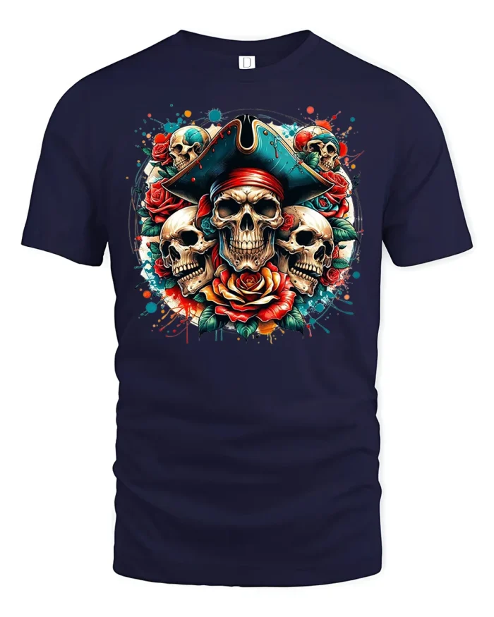 Pirate Skull Roses Tee - navy t-shirt on white background