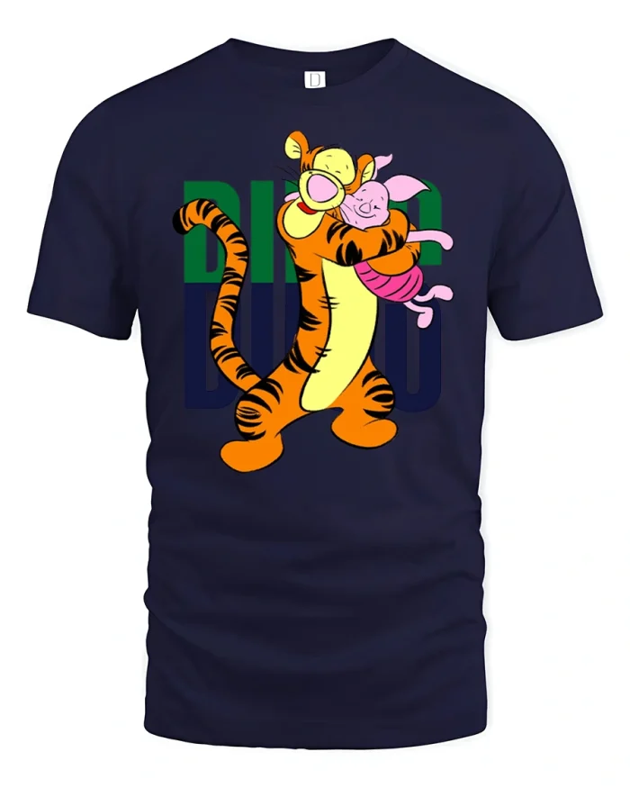 Cute Tiger Hug Cartoon Tee - navy t-shirt on white background