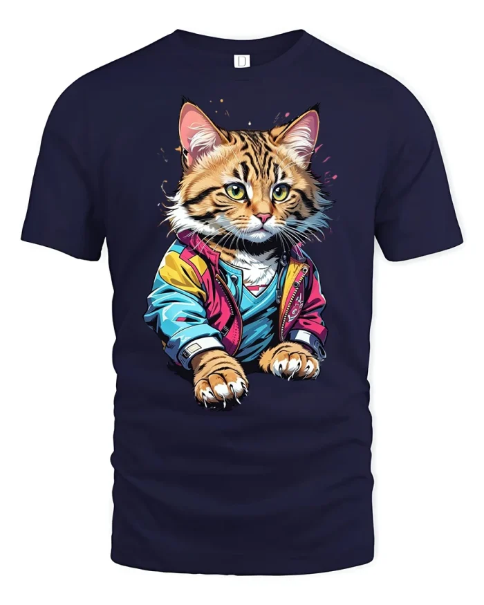 Retro Cool Cat Tshirt - navy t-shirt on white background