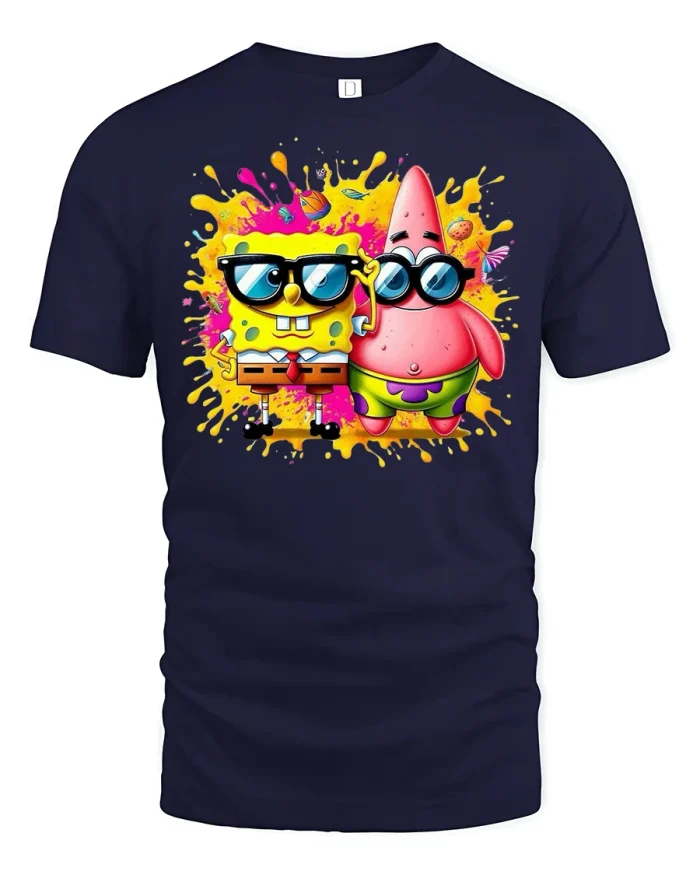 Funny Sponge and Star Duo Tshirt - navy t-shirt on white background