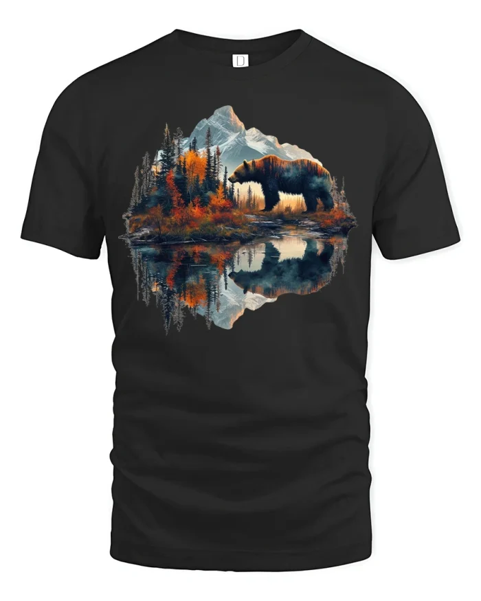 Wild Bear Mountain Landscape Scene Tshirt - black t-shirt on white background