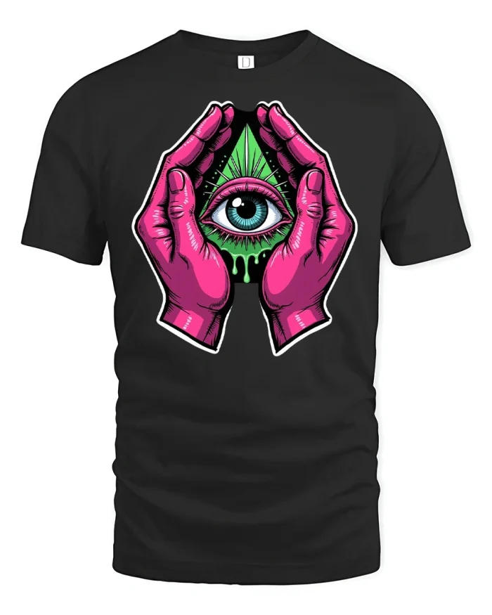 All Seeing Eye in Hands T-shirt - black t-shirt on white background