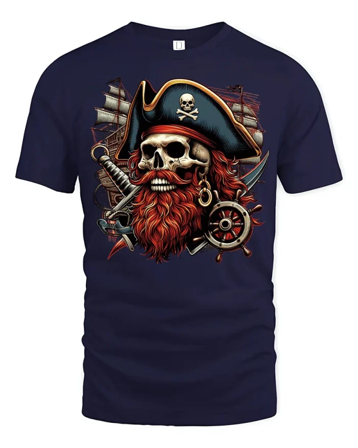 Pirate Skull Captain Beard T-shirt - navy t-shirt on white background
