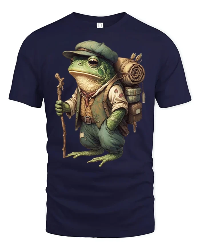 Adventurer Frog Backpack Traveler T-shirt - navy t-shirt on white background