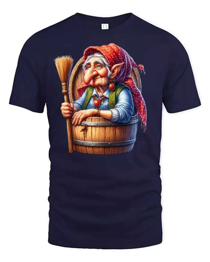 Baba Yaga Witch in Barrel Fantasy T-shirt - navy t-shirt on white background