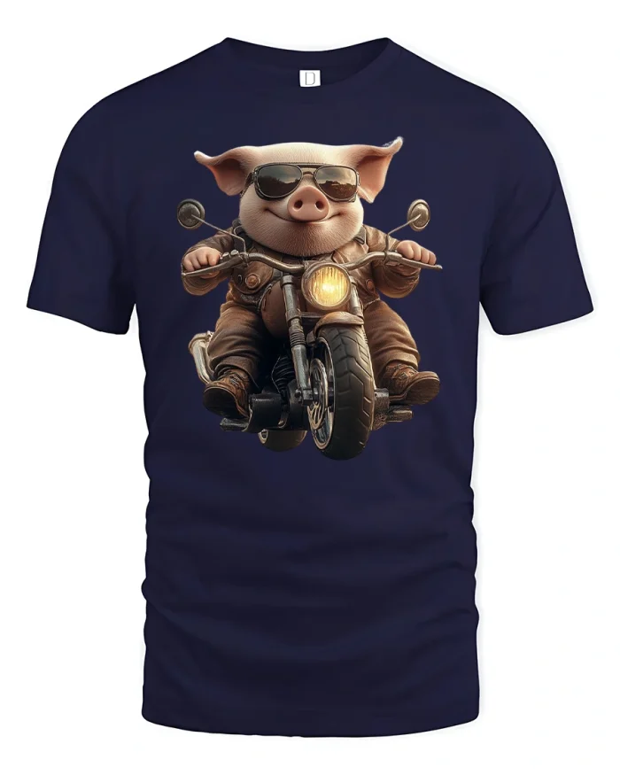 Funny Pig Biker Riding Motorcycle T-shirt - navy t-shirt on white background