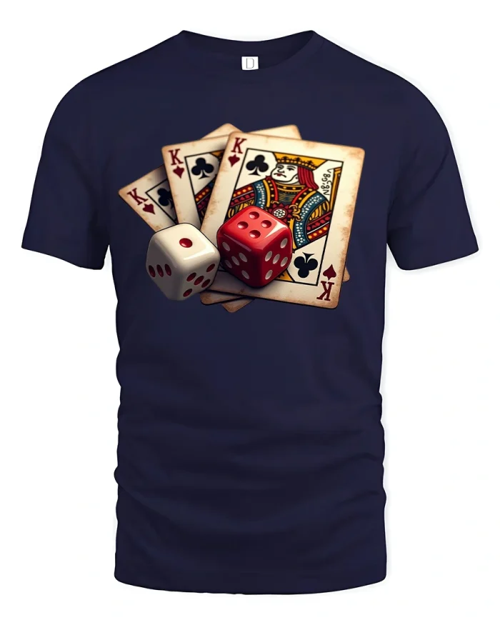Lucky Dice and Poker Kings T-shirt - navy t-shirt on white background