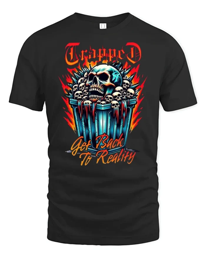 Trapped Skull Get Back to Reality T-shirt - black t-shirt on white background