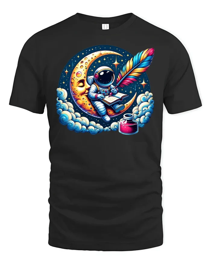 Cosmic Astronaut Writing Moon Tee - black t-shirt on white background