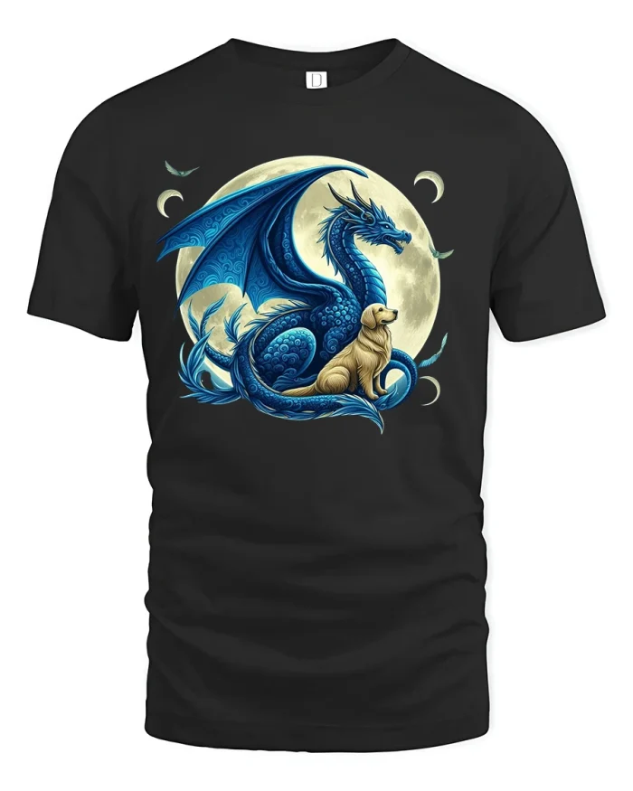 Dragon and Dog Full Moon Fantasy T-shirt - black t-shirt on white background