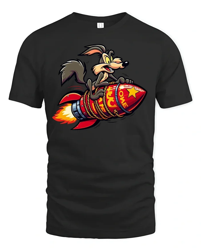 Rocket Riding Coyote Cartoon T-shirt - black t-shirt on white background