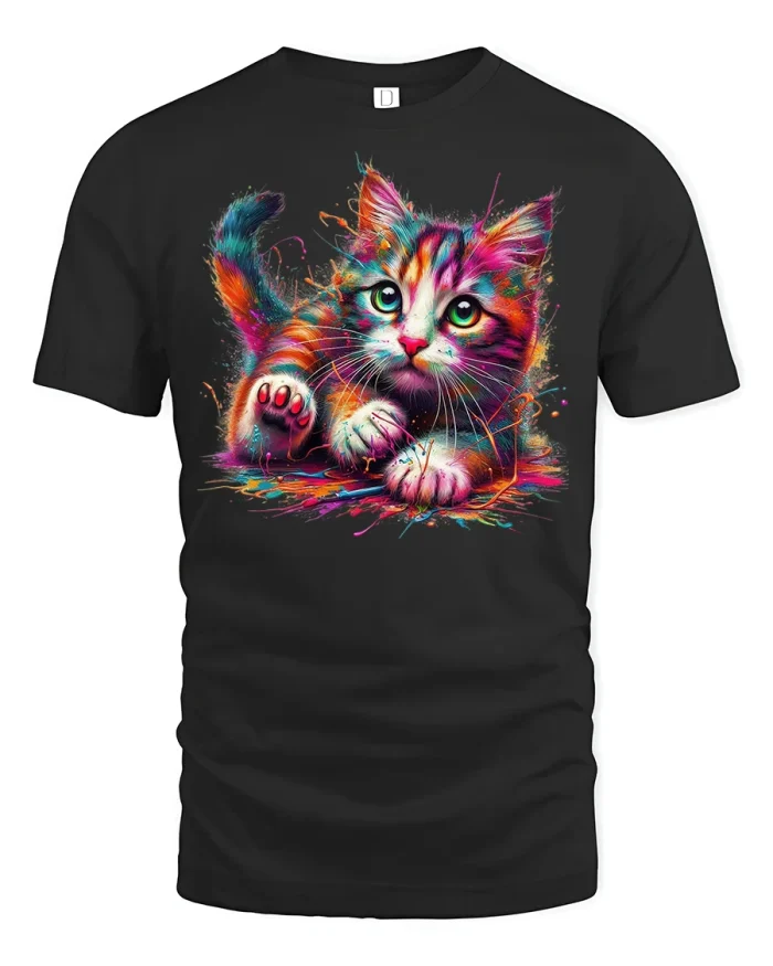 Neon Color Splash Kitten Tee - black t-shirt on white background