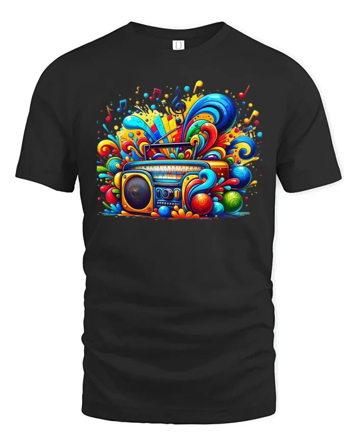 Retro Boombox Color Splash Music Tee - black t-shirt on white background