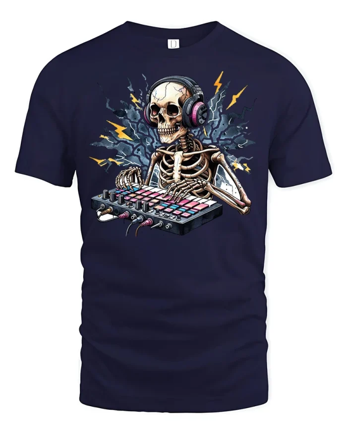 Skeleton DJ Beat Maker Tee - navy t-shirt on white background