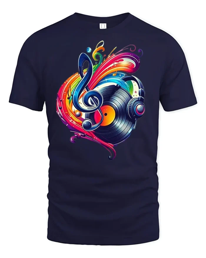 Colorful Vinyl Record Music Art Tee - navy t-shirt on white background