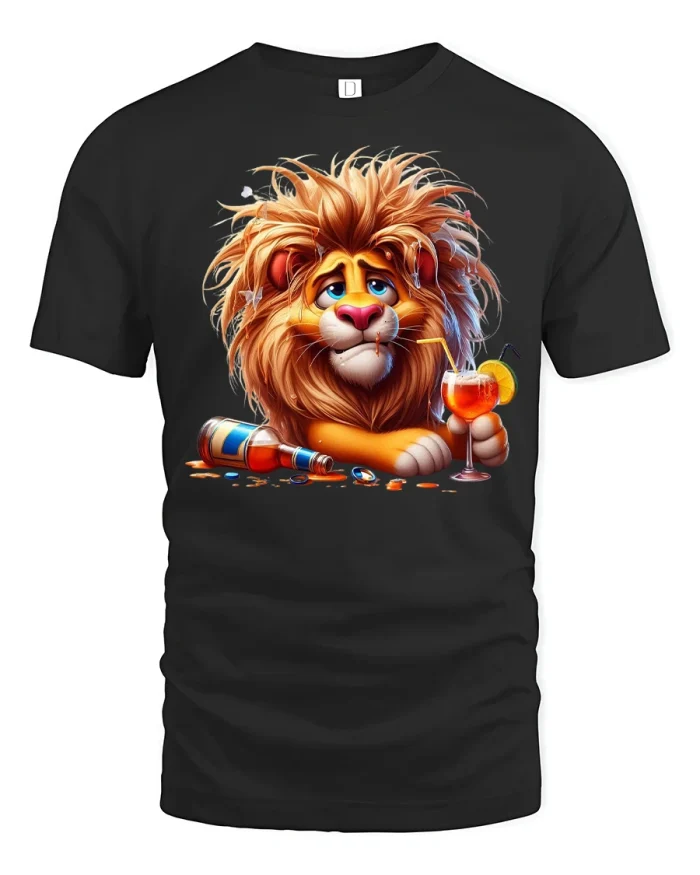 Funny Drunk Lion Cocktail Party T-shirt - black t-shirt on white background