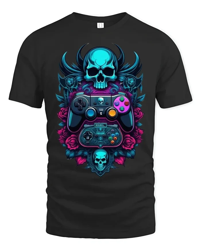 Gamer Skull Controller T-shirt for Players - black t-shirt on white background