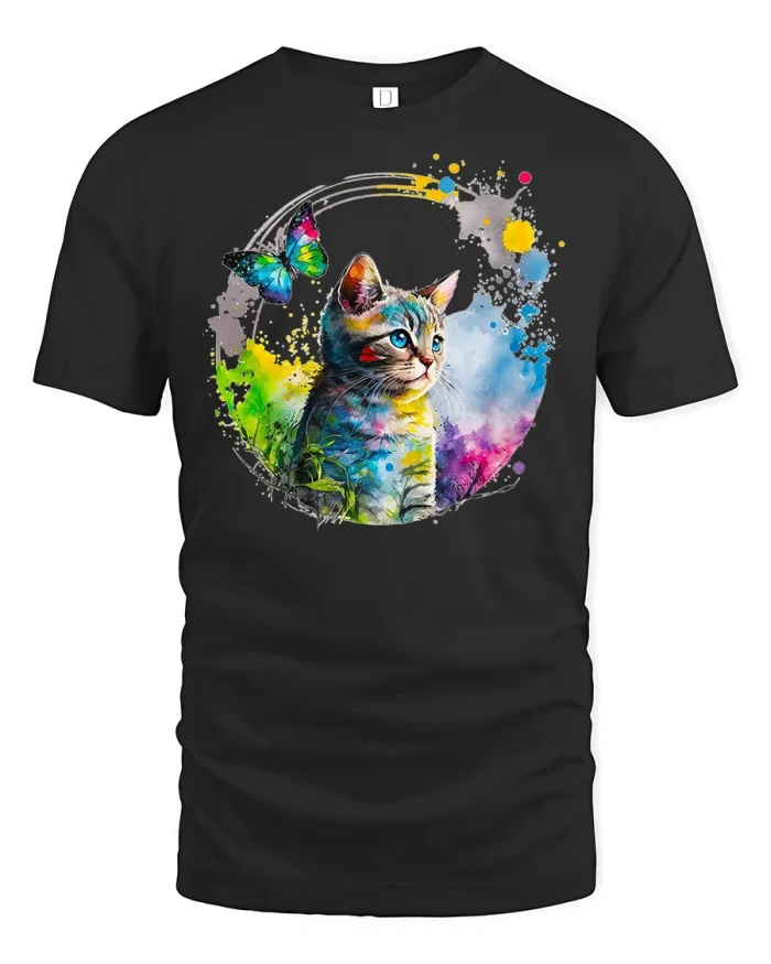 Color Splash Cat and Butterfly T-shirt - black t-shirt on white background