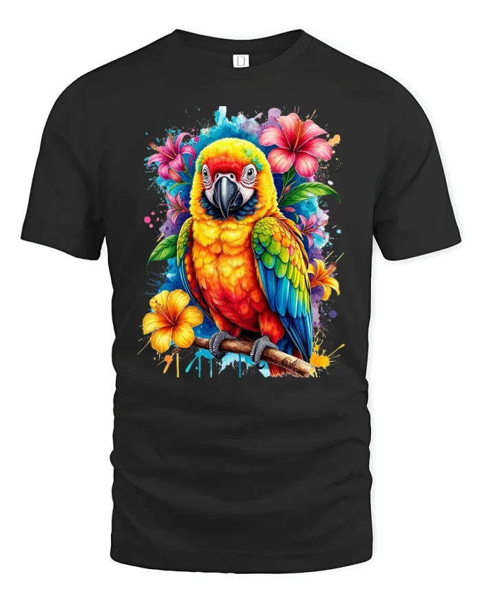 Tropical Parrot and Hibiscus Flower T-shirt - black t-shirt on white background