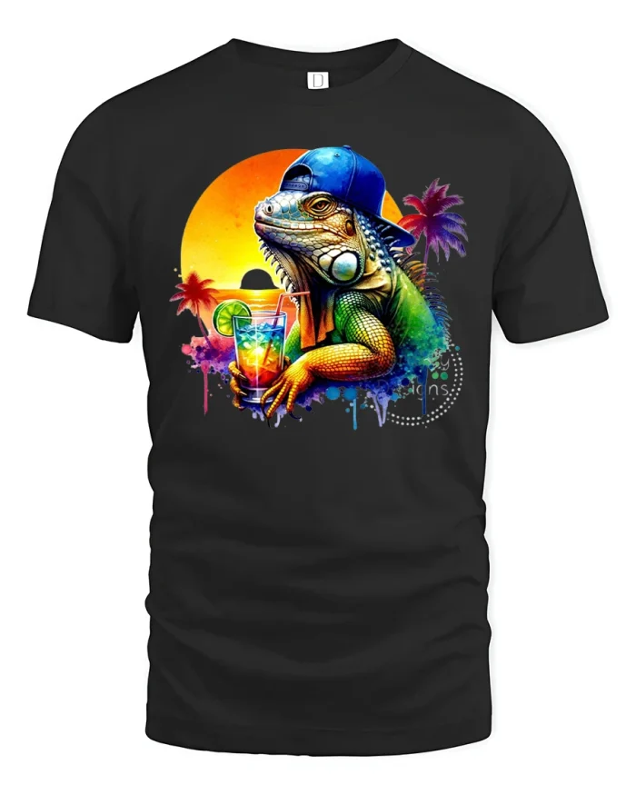 Chill Iguana with Cocktail Tropical T-shirt - black t-shirt on white background