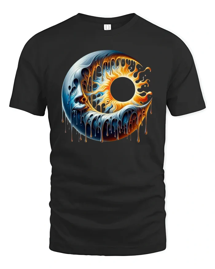 Melting Sun and Moon Eclipse T-shirt - black t-shirt on white background