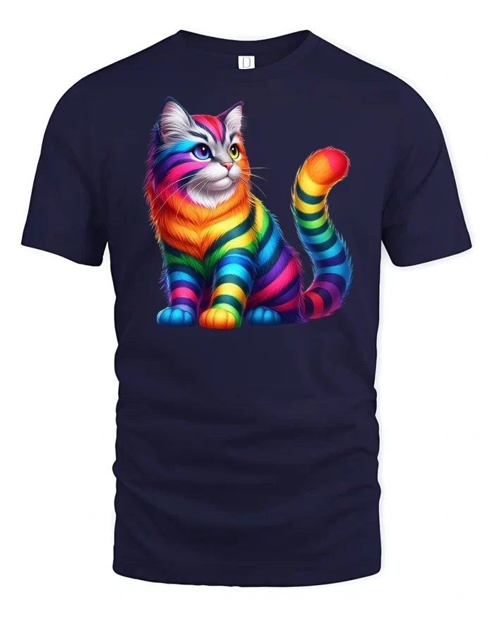 Rainbow Cat Graphic T-shirt - navy t-shirt on white background