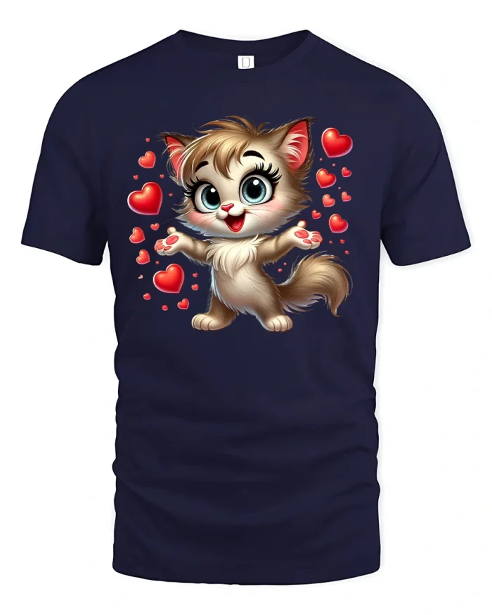 Cute Kitty Love Hearts T-shirt - navy t-shirt on white background