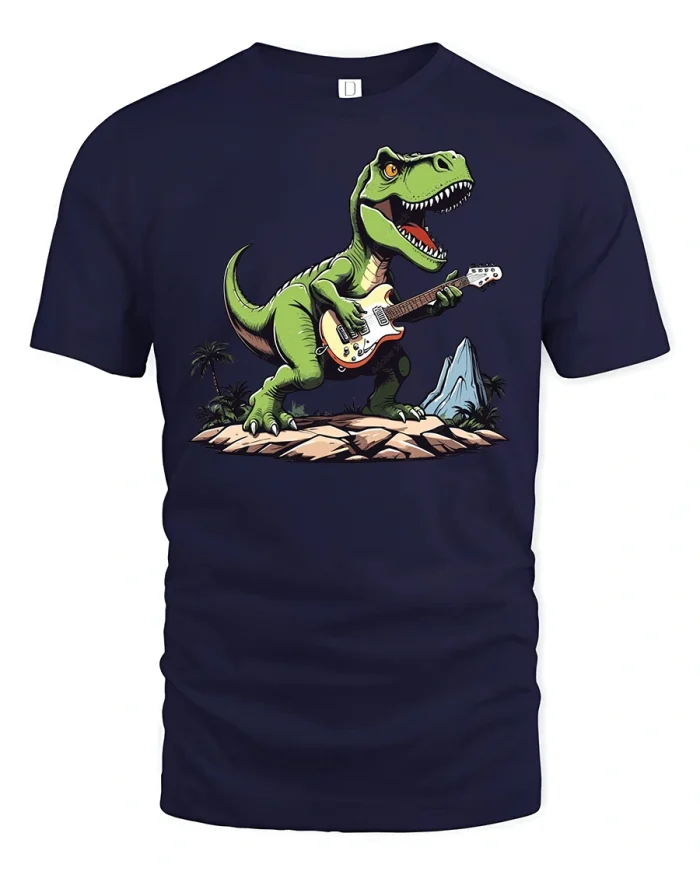 Funny T-Rex Playing Guitar T-shirt - navy t-shirt on white background