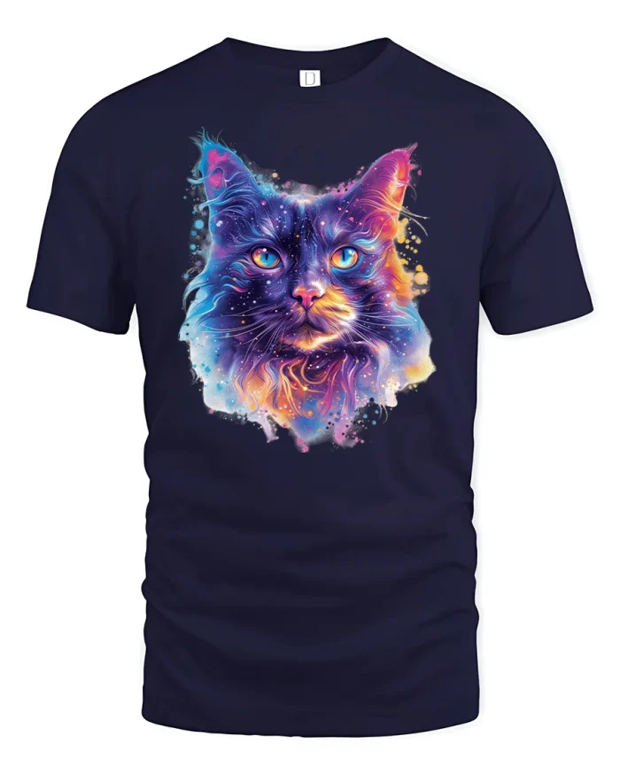 Cosmic Galaxy Cat Face Art T-shirt - navy t-shirt on white background