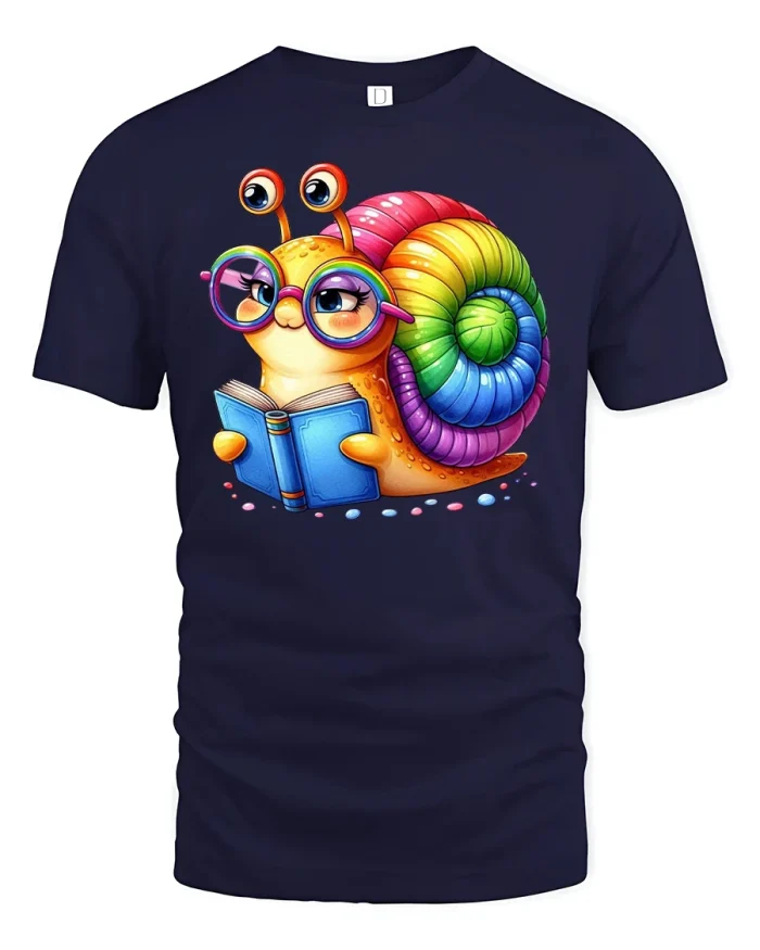 Cute Rainbow Snail Reading Tee - navy t-shirt on white background