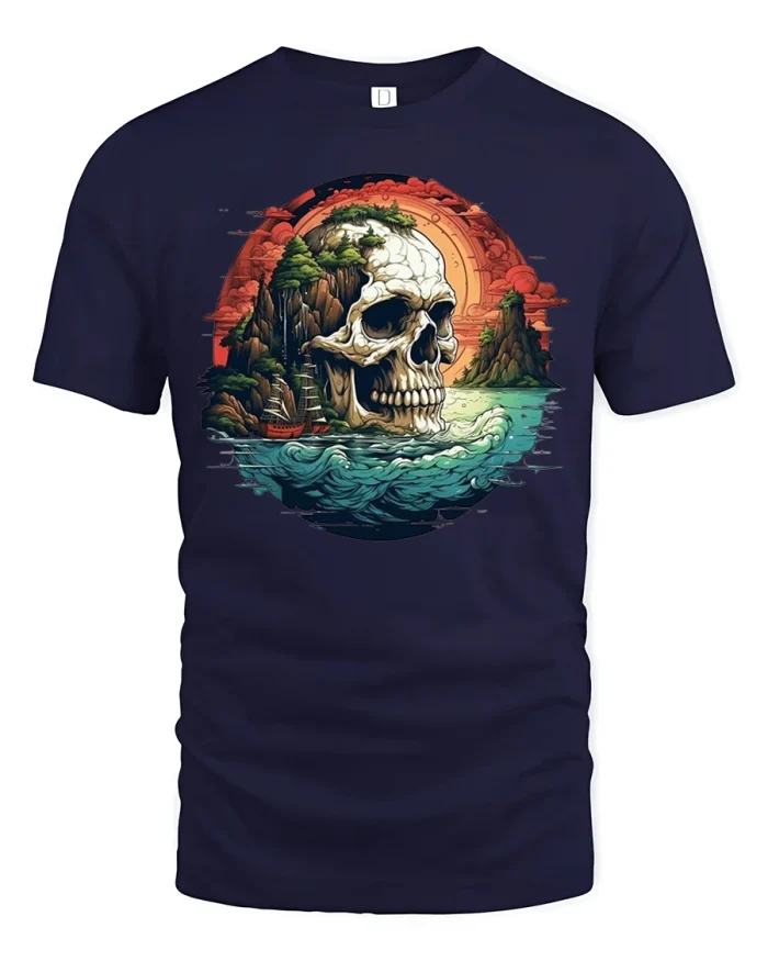 Skull Island Ocean Sunset T-shirt - navy t-shirt on white background