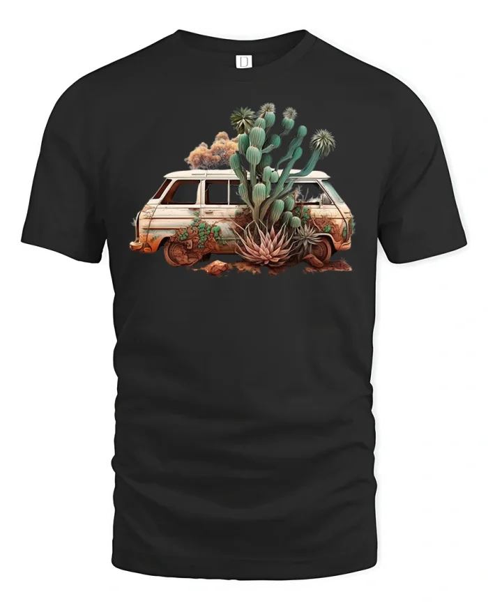 Desert Van Adventure Cactus Tee - black t-shirt on white background