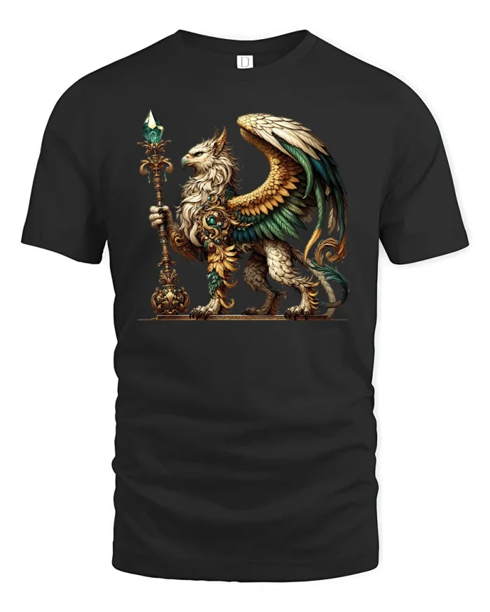 Regal Griffin Warrior Fantasy Staff Tee - black t-shirt on white background