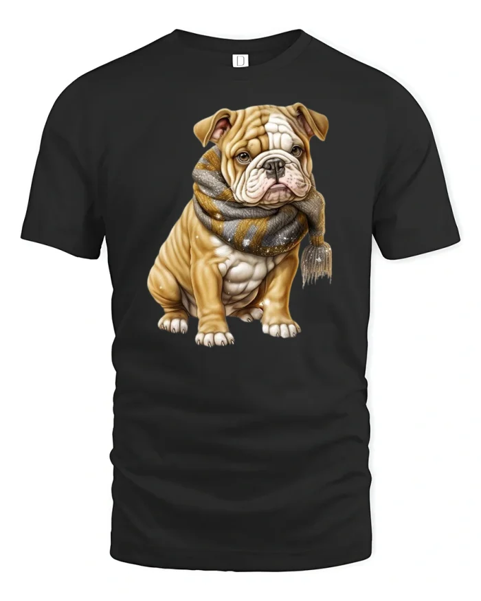 Cute Bulldog Puppy with Scarf Tee - black t-shirt on white background